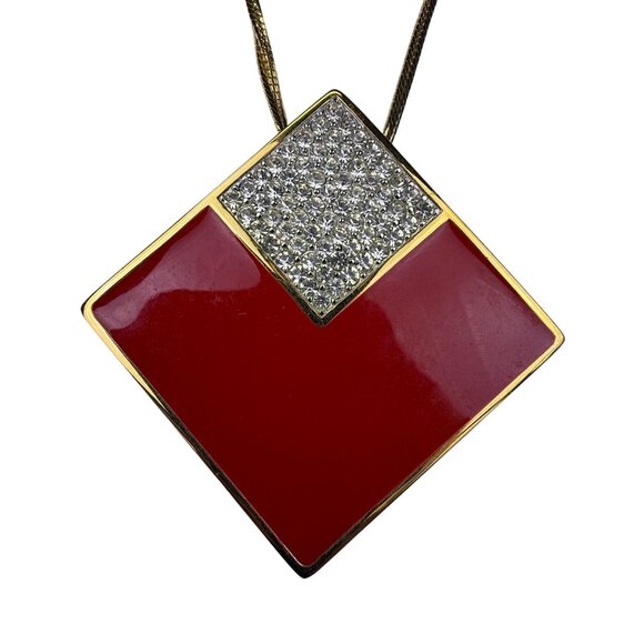 Givenchy Gold Tone Red Enamel Crystal Pendant Necklace 1982 Art Deco Vintage - Picture 1 of 5